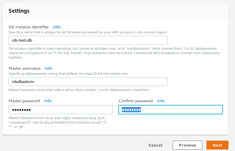 RDS PostgreSQL wizard database settings