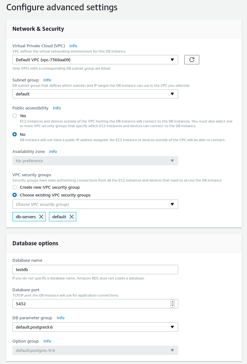 RDS PostgreSQL wizard advanced settings