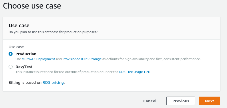 RDS PostgreSQL wizard database use case selection