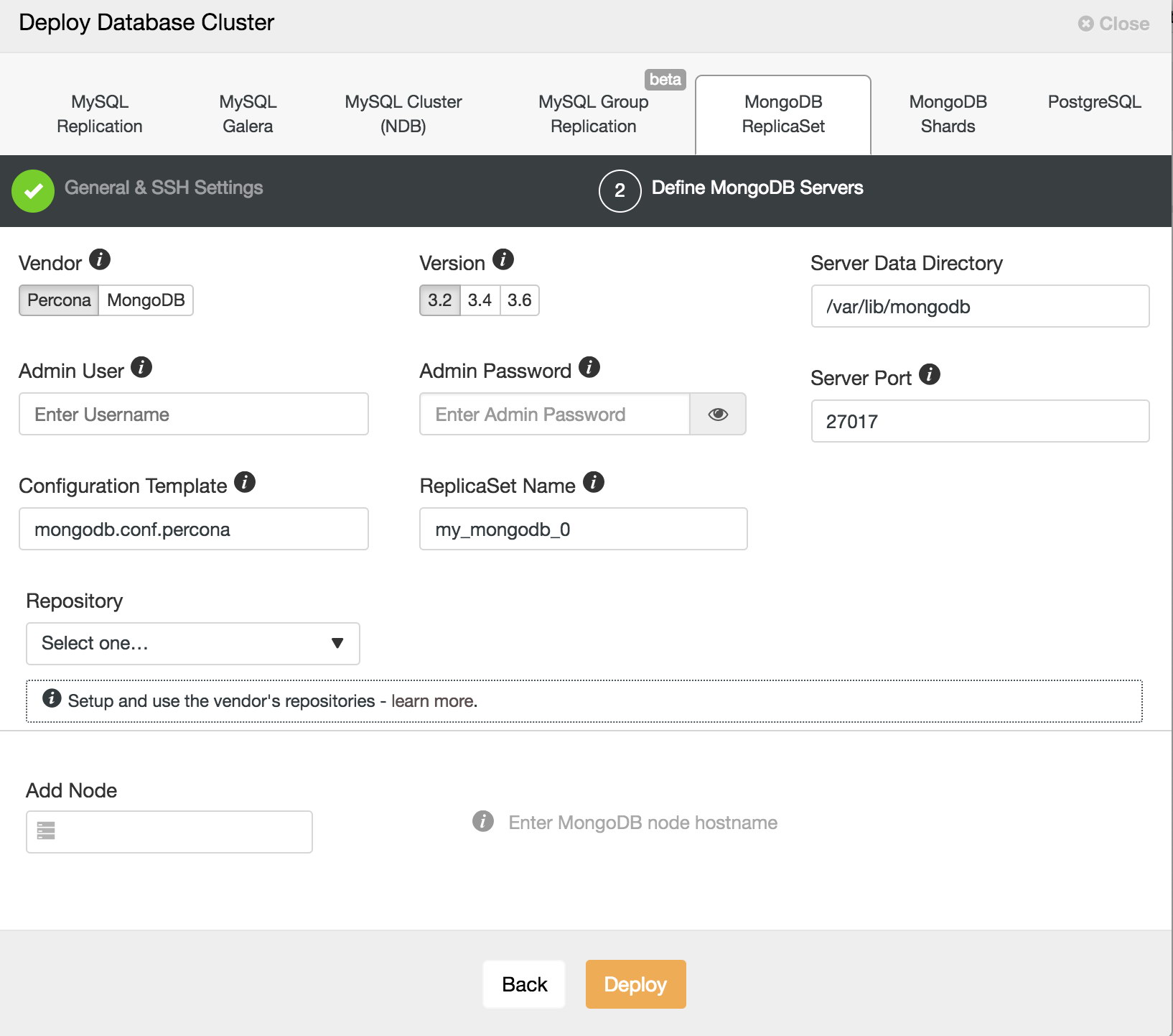 ClusterControl deploy MongoDB wizard, ReplicaSet