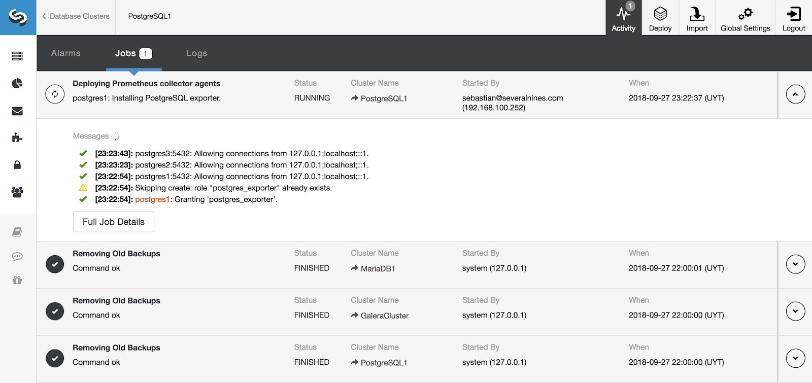 ClusterControl Activity Section