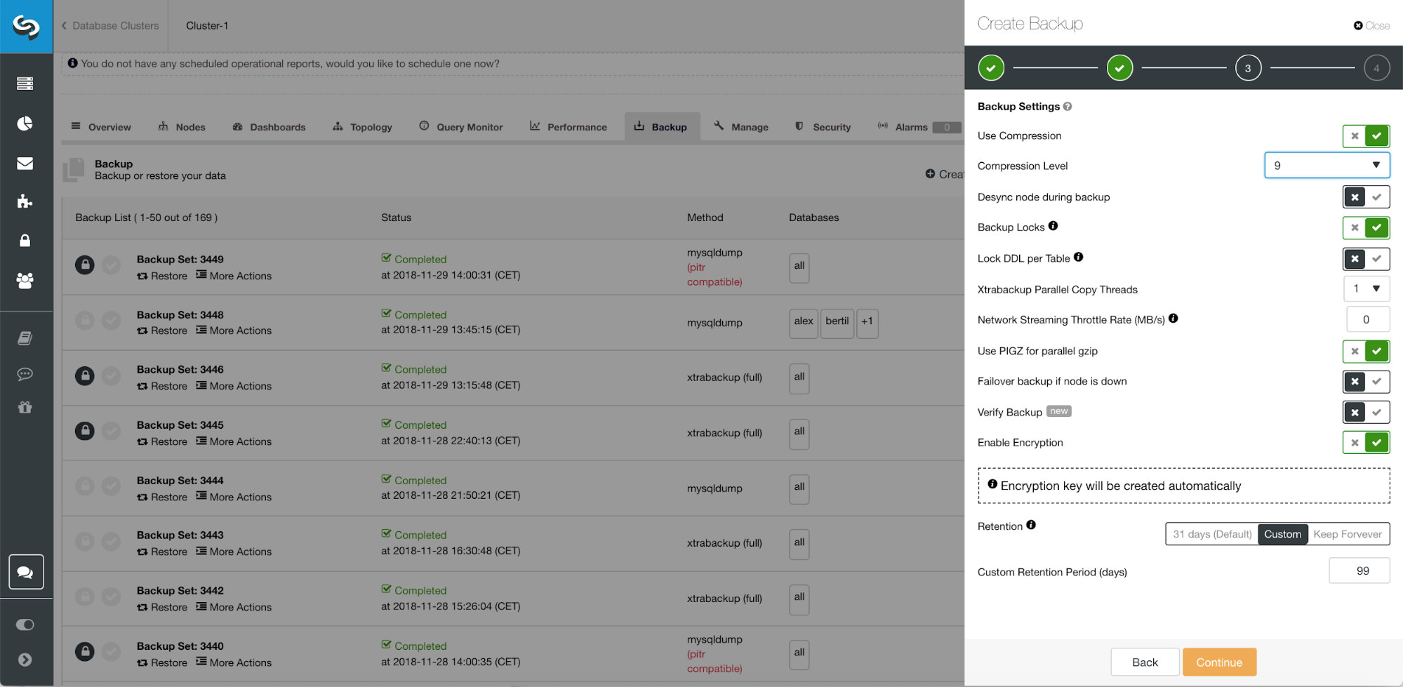 ClusterControl advanced backup features for cloud, parallel compression, network bandwitch limit, encryption etc ...