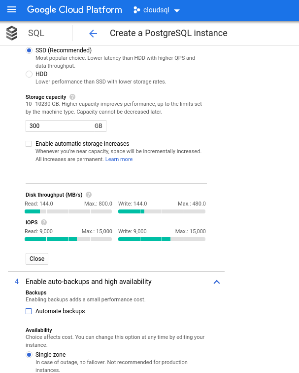 Databse storage configuration and backup settings