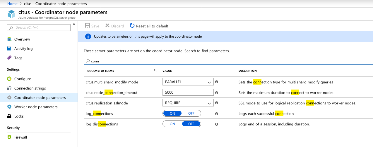 Hyperscale (Citus) Coordinator connections available parameters