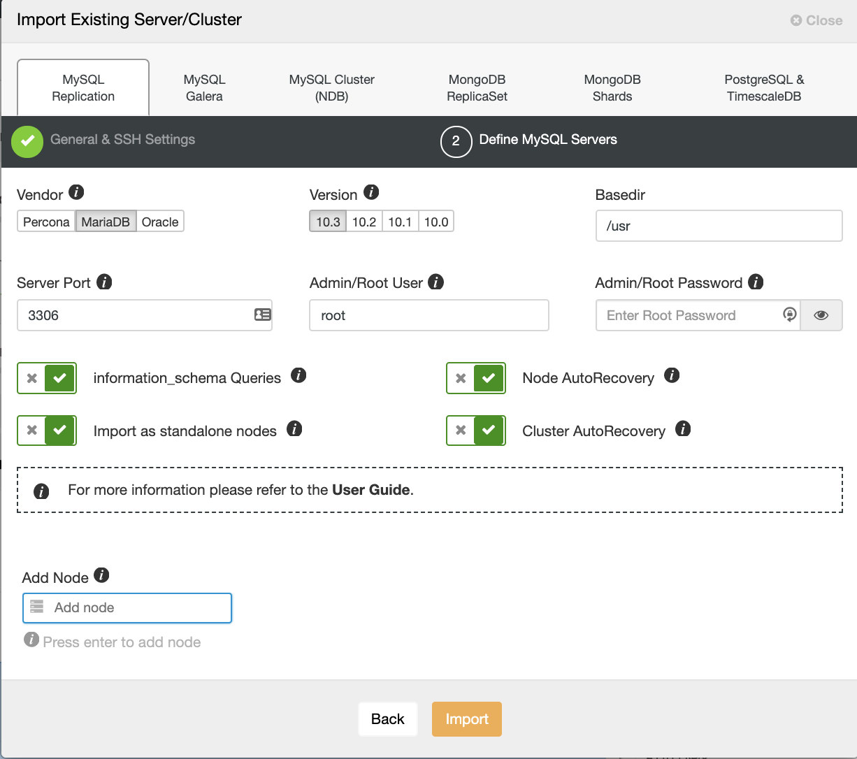  Import existing 10.3 database cluster