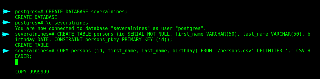 Connecting to the new database and importing the CSV file