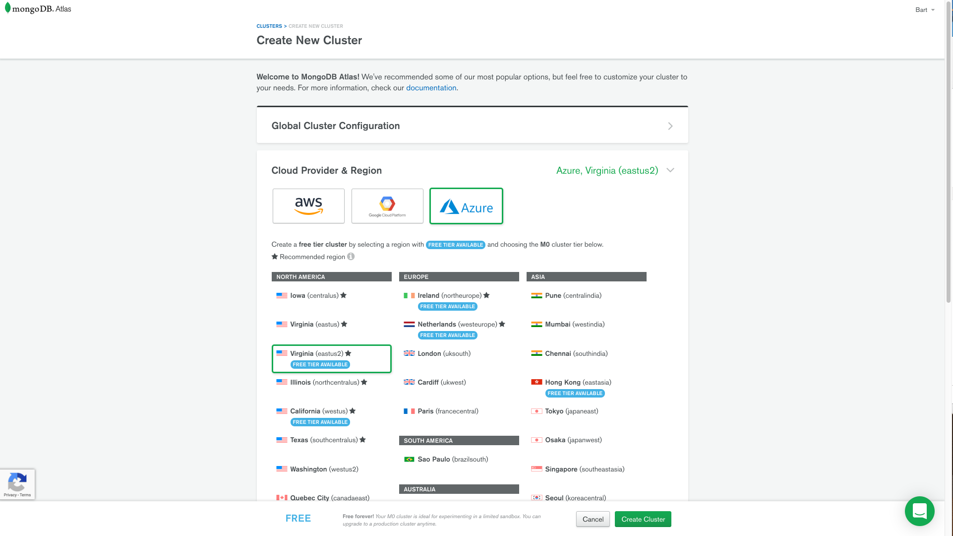 Creating a New Cluster in MongoDB Atlas