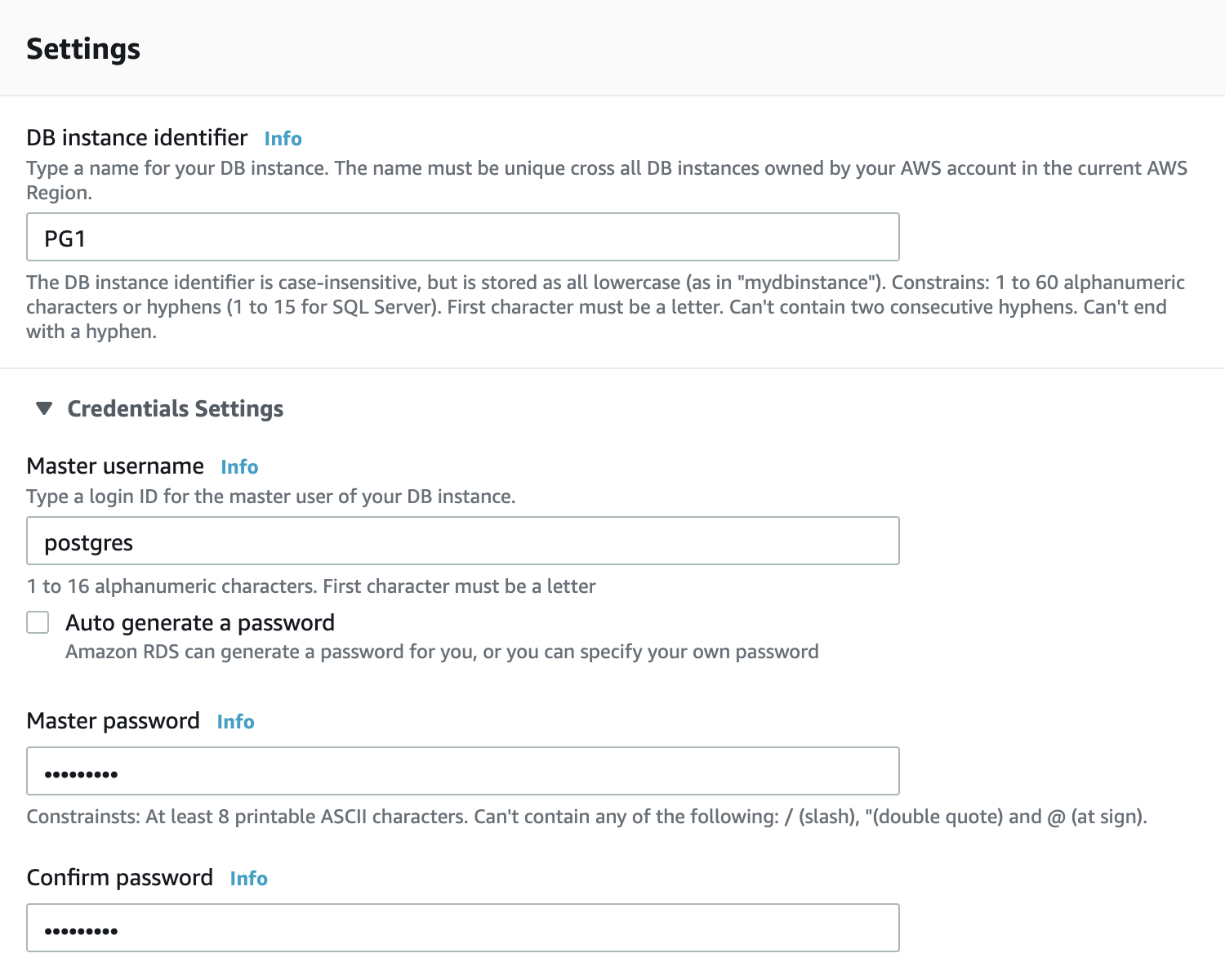 Database Config Details Amazon RDS