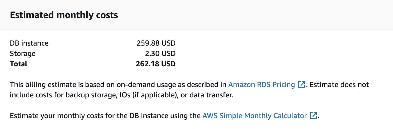 Estimated Costs Screen Amazon RDS