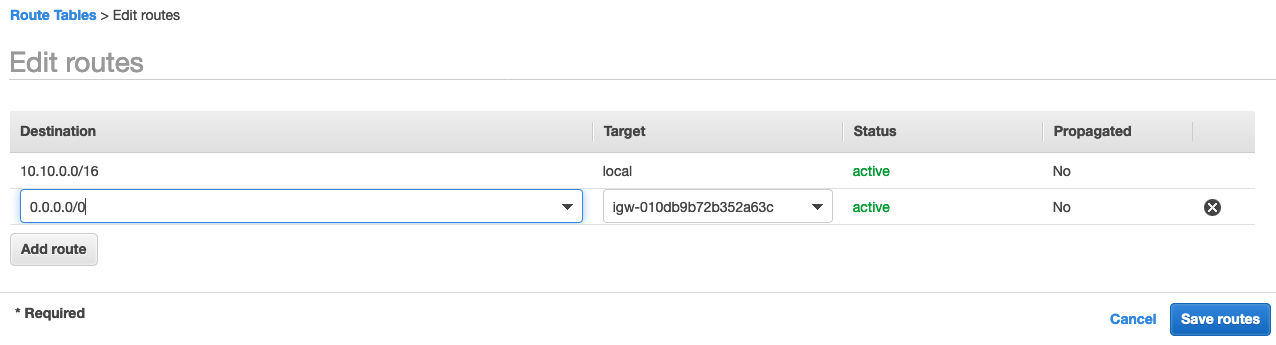 Edit Route Tables AWS Console