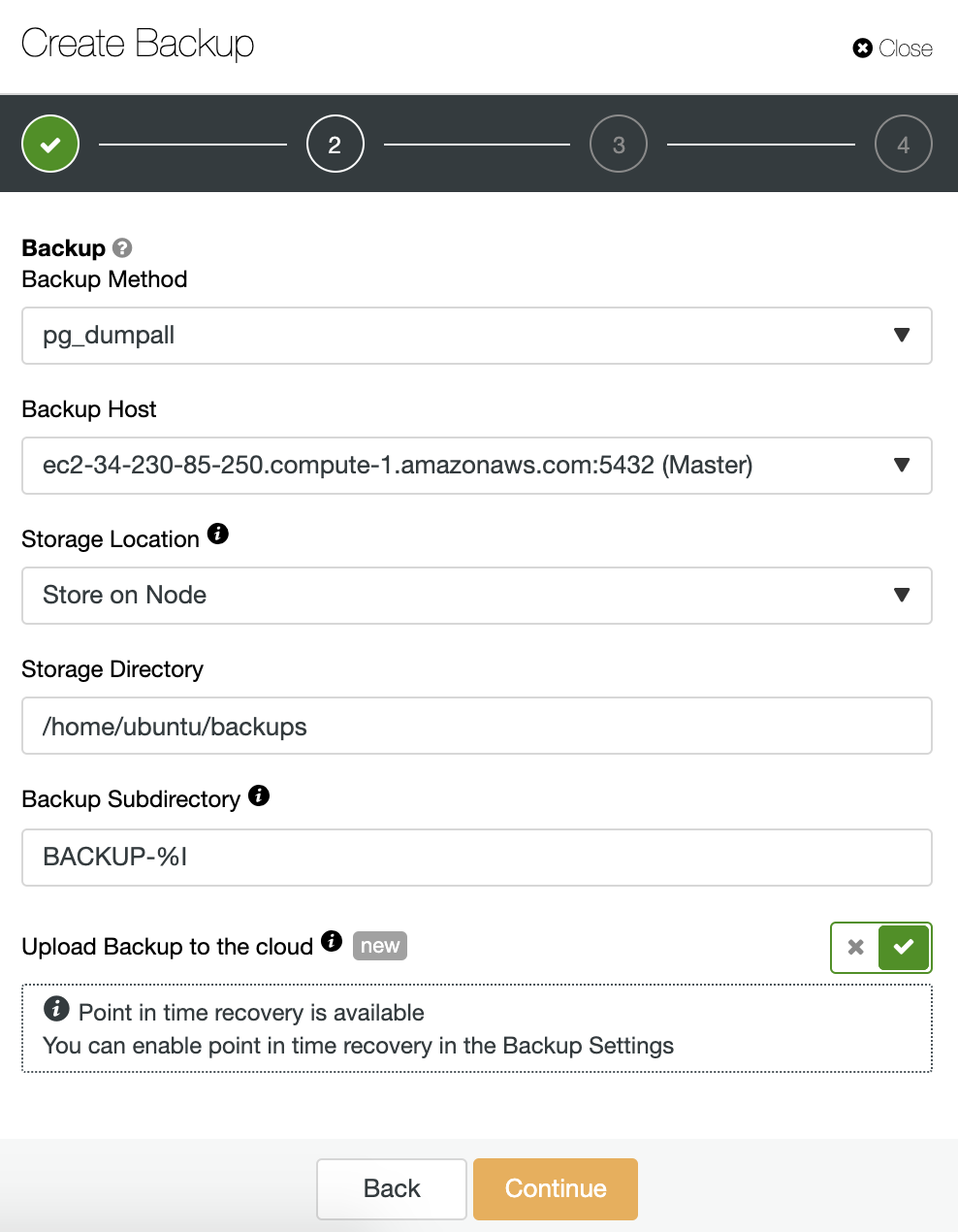 ClusterControl Create Backup Details