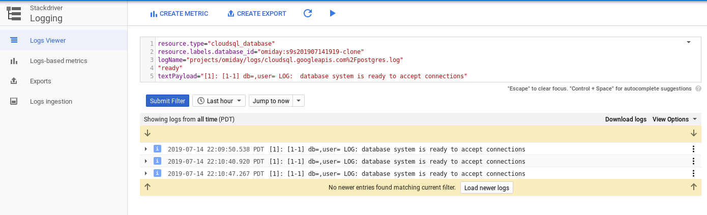 PostgreSQL logs for cloned instance