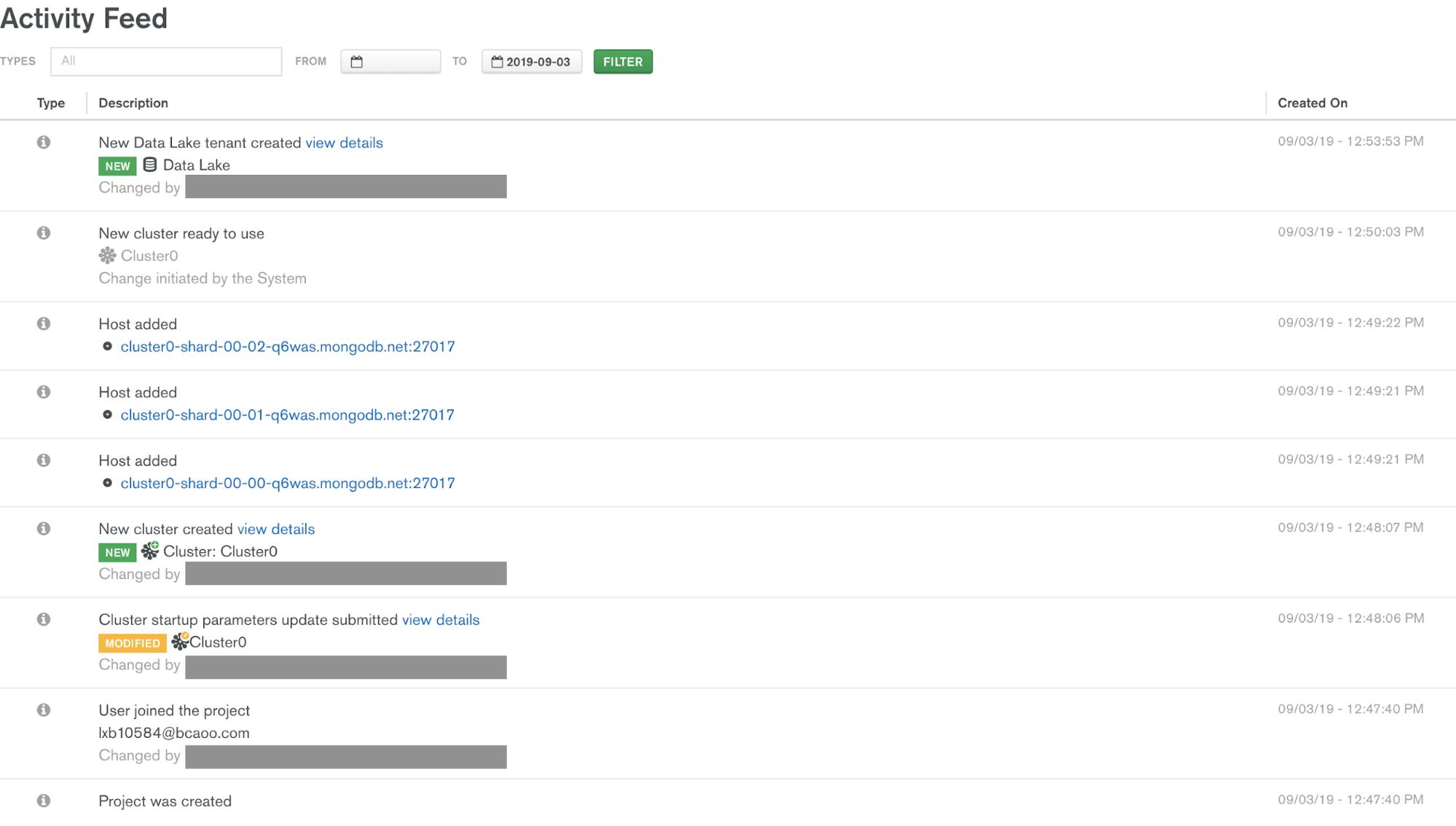 MongoDB Atlas Activity Feed