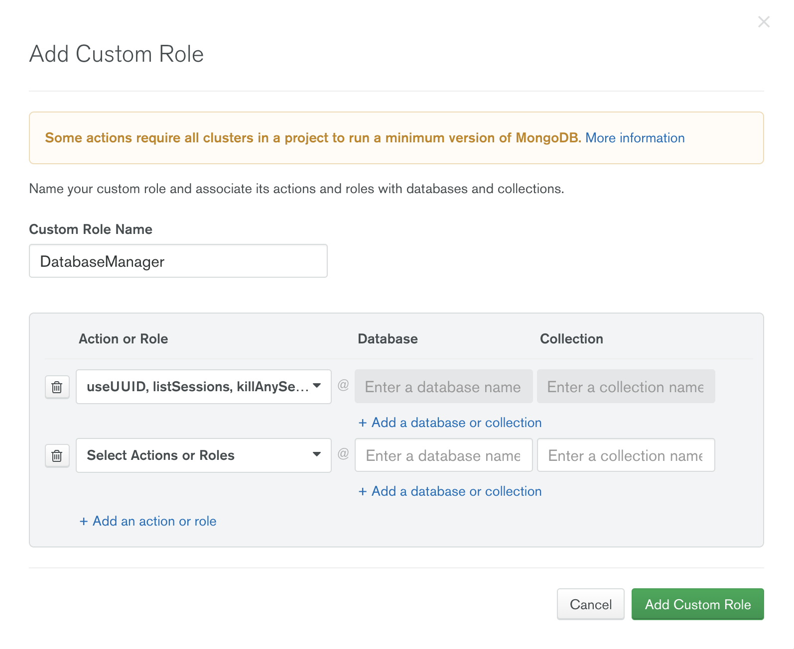 MongoDB Atlas Add Custom Role