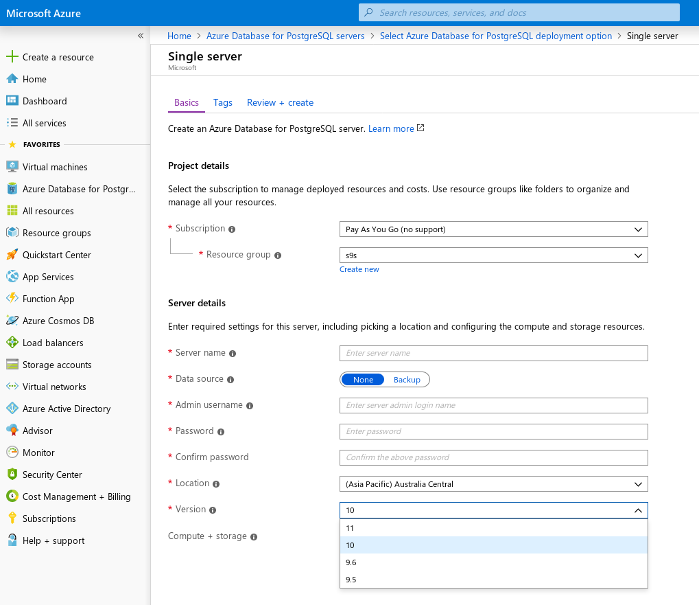  Single server PostgreSQL versions