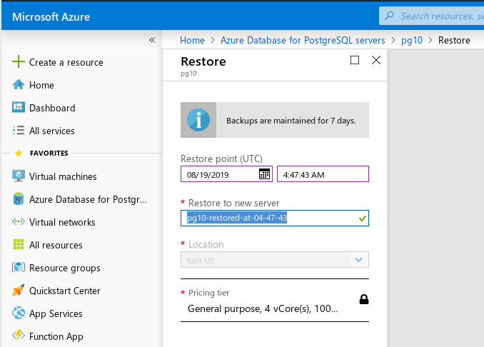  Single server --- point-in-time restore screen