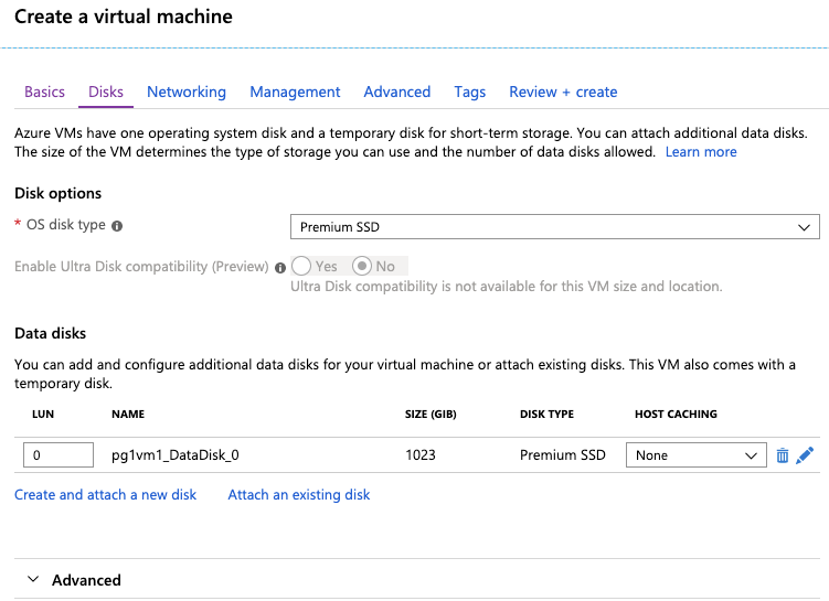 Azure Create a Virtual Machine - Disk Options