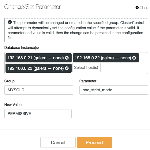 Change Set Parameters - ClusterControl