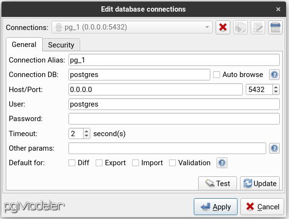 Configuring the connection between pgModeler and PostgreSQL.