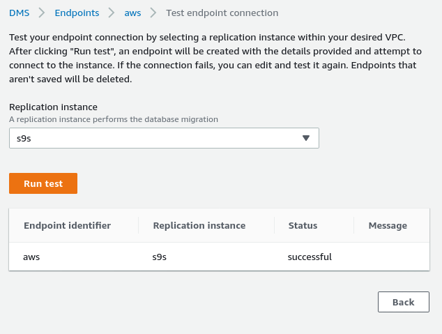  Target Endpoint connection test successful.