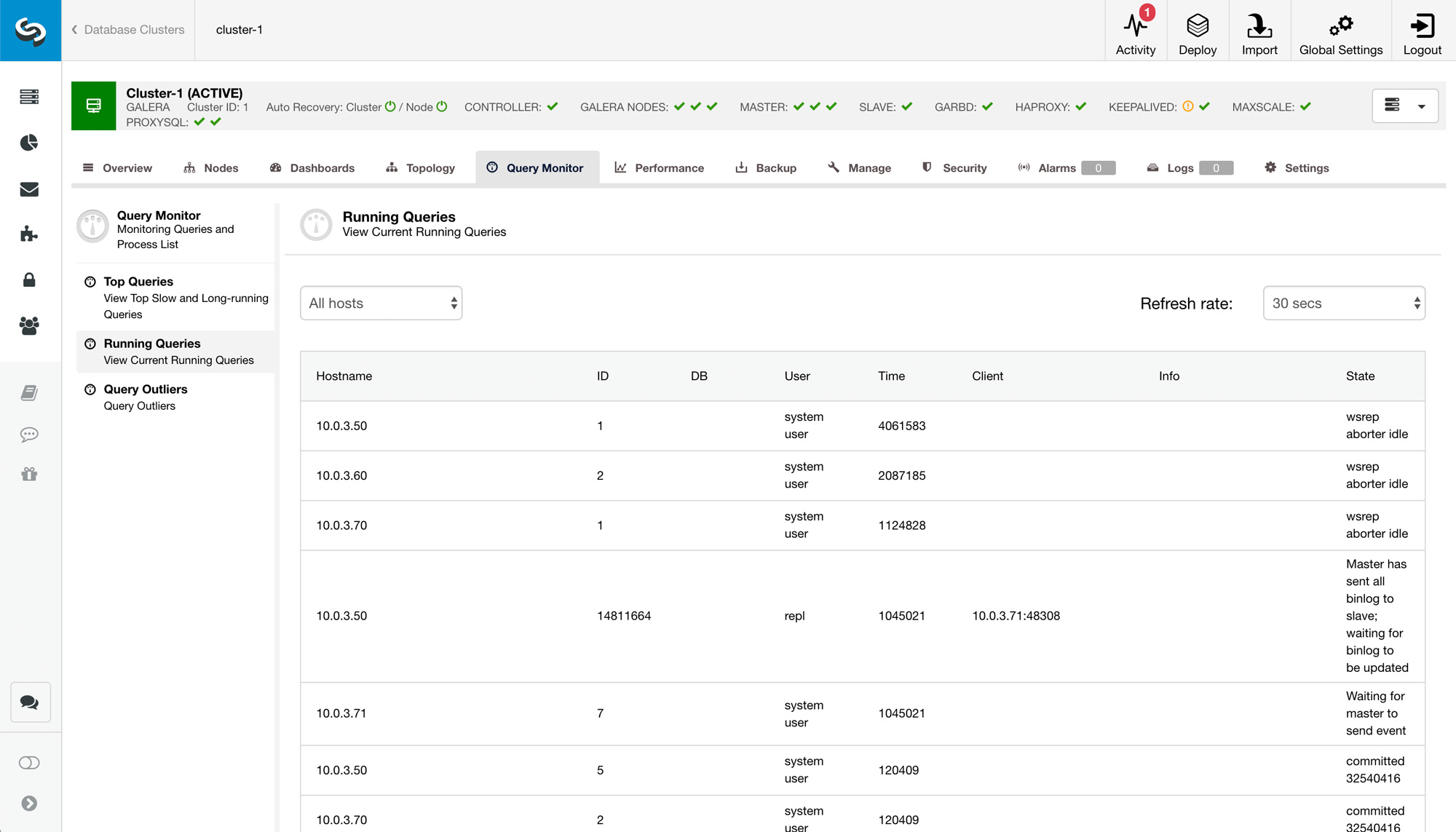 Viewing Running Queries in ClusterControl