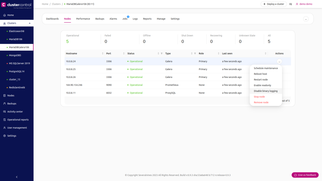 location of the enable/disable binary logging option within ClusterControl