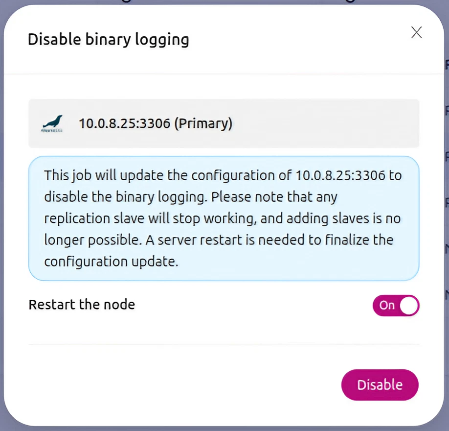 pop up that appears in ClusterControl when you choose to enable or disable binary logging