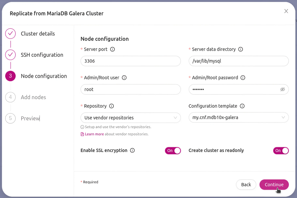 node configuration step of the cluster deployment wizard in ClusterControl