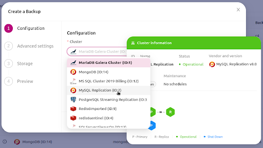 screenshot of how you start to create a backup in ClusterControl