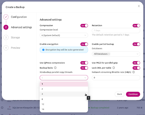 screenshot of the backup options available within ClusterControl