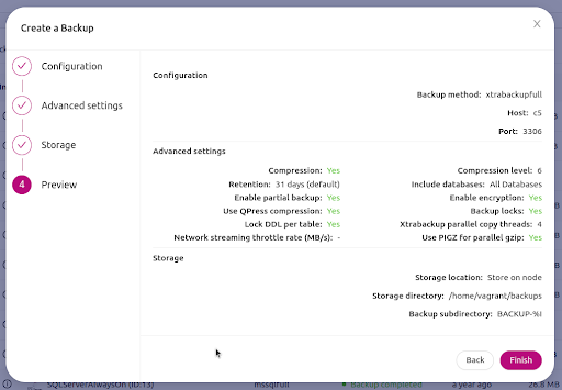 screenshot of the backup preview screen in ClusterControl