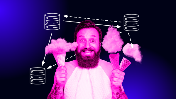 Bearded man holding three ice cream cones, but instead of ice cream it's clouds