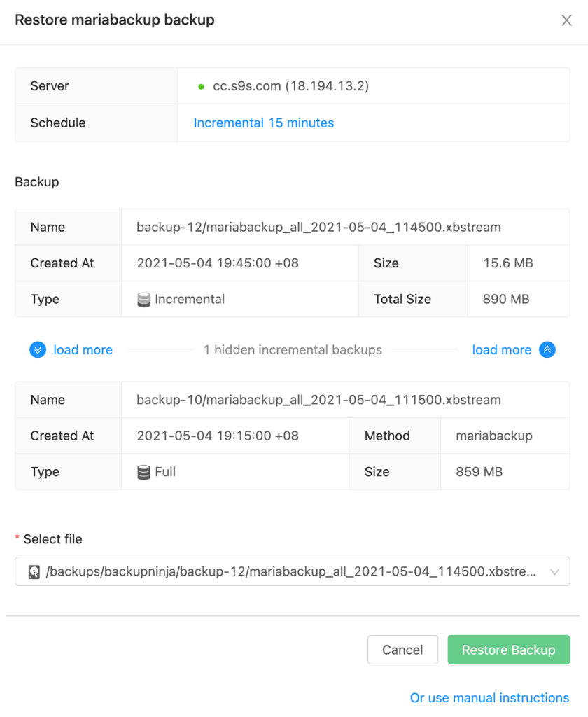 An example of a backup and restore GUI dialogue, detailing options for database backup configurations and restoration processes.