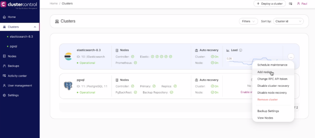 Screenshot displaying list of clusters in ClusterControl with the option to Add nodes.