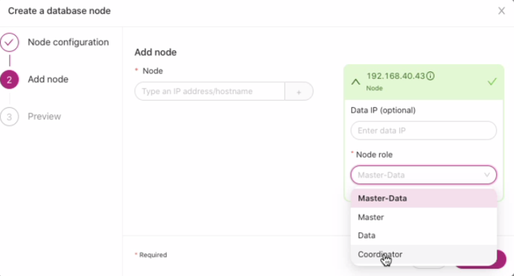 Screenshot of ClusterControl interface showing panel for specifying IP address and choosing node role, with options for master, data, or coordinator roles.