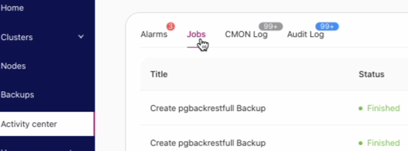 Screenshot of the Jobs tab in ClusterControl, highlighting how to access details for creating an Elasticsearch cluster.