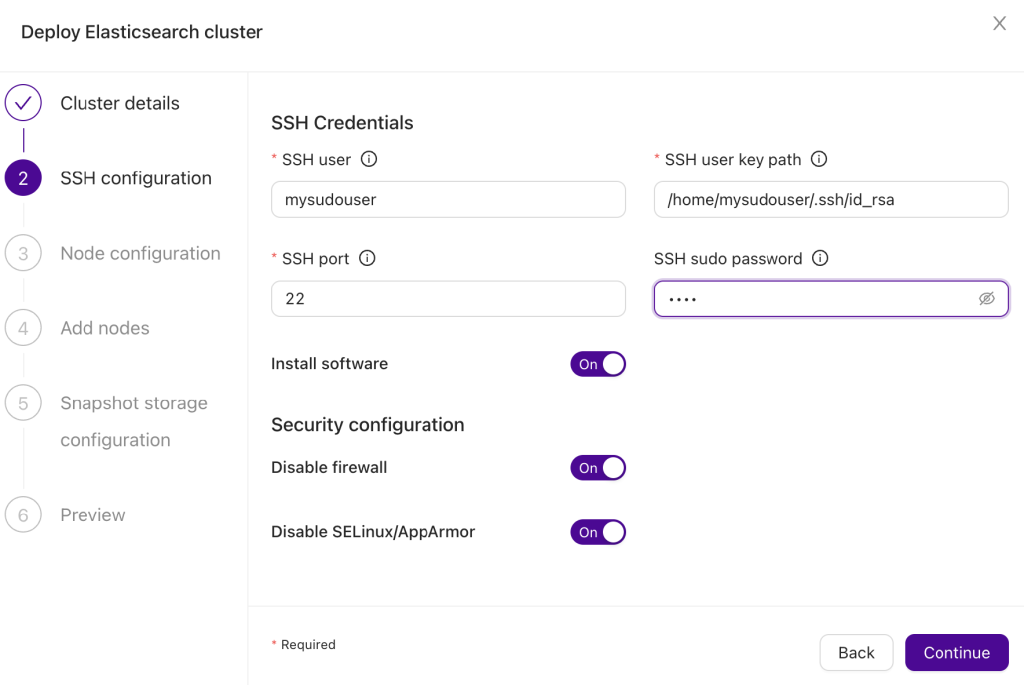 Screenshot displaying the 2. step: define how ClusterControl should connect to the nodes in the cluster.