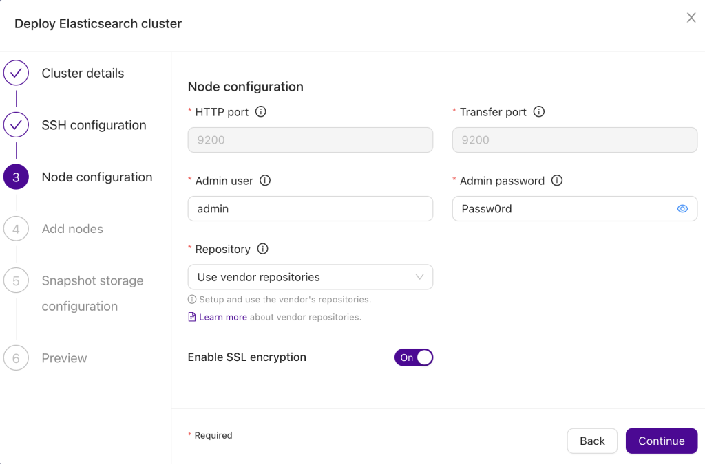 Screenshot showing step 3 of cluster setup: defining cluster details like admin user, password, repository configuration options with ClusterControl, and SSL encryption settings.