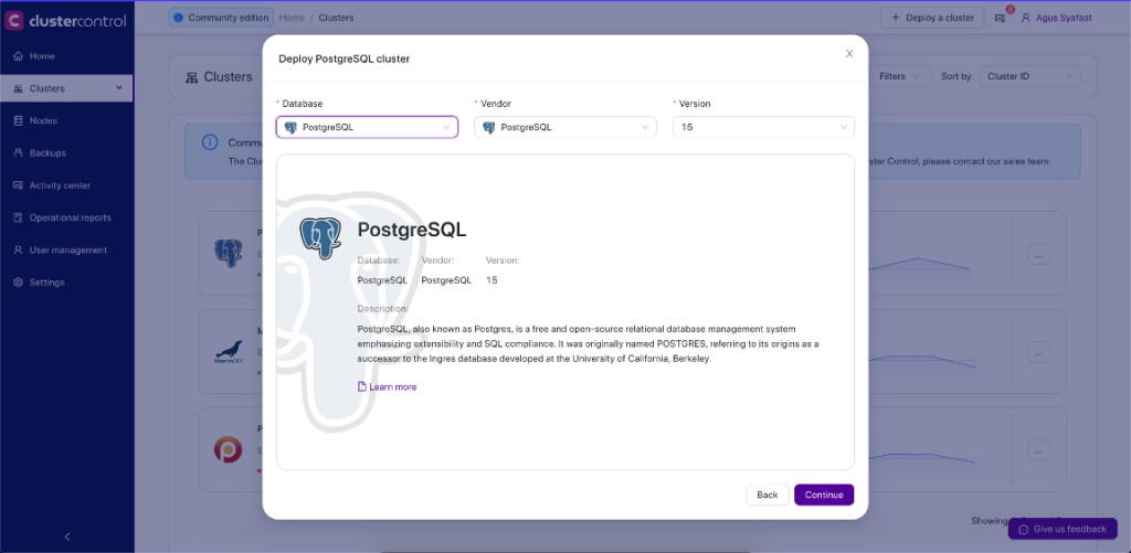 ClusterControl supports PostgreSQL version 15.