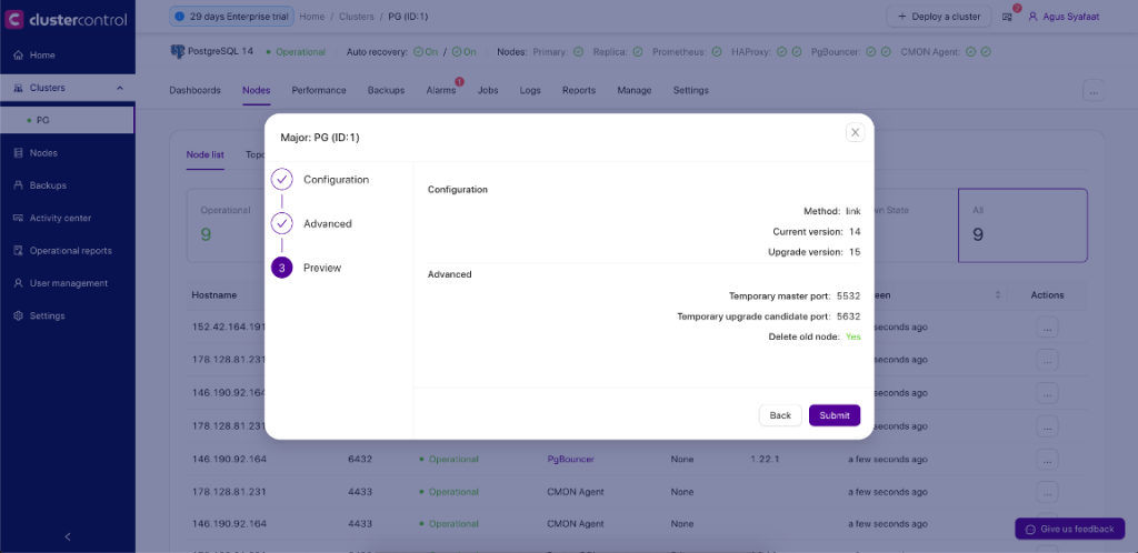 Preview the parameters of the major upgrade before submitting the job.